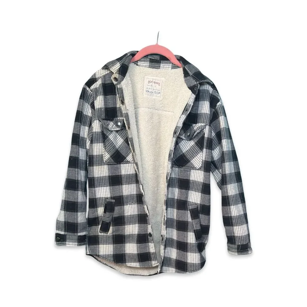 Girl Krazy Sherpa Lined Flannel Shacket Size M Black & Cream Plaid Boyfriend Fit